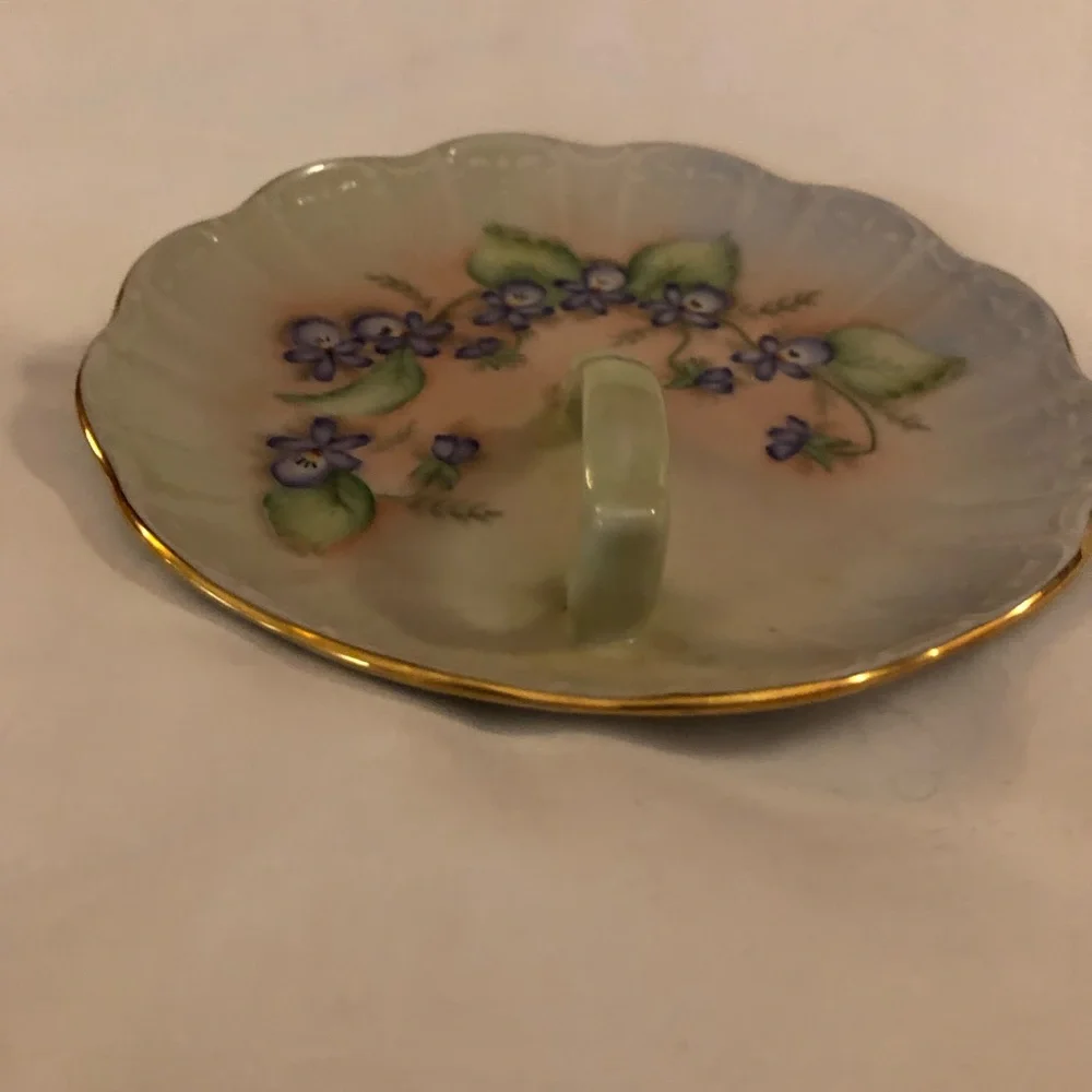 Vintage Hand-Painted Violet Floral Porcelain Handle Nappy/Trinket Dish
